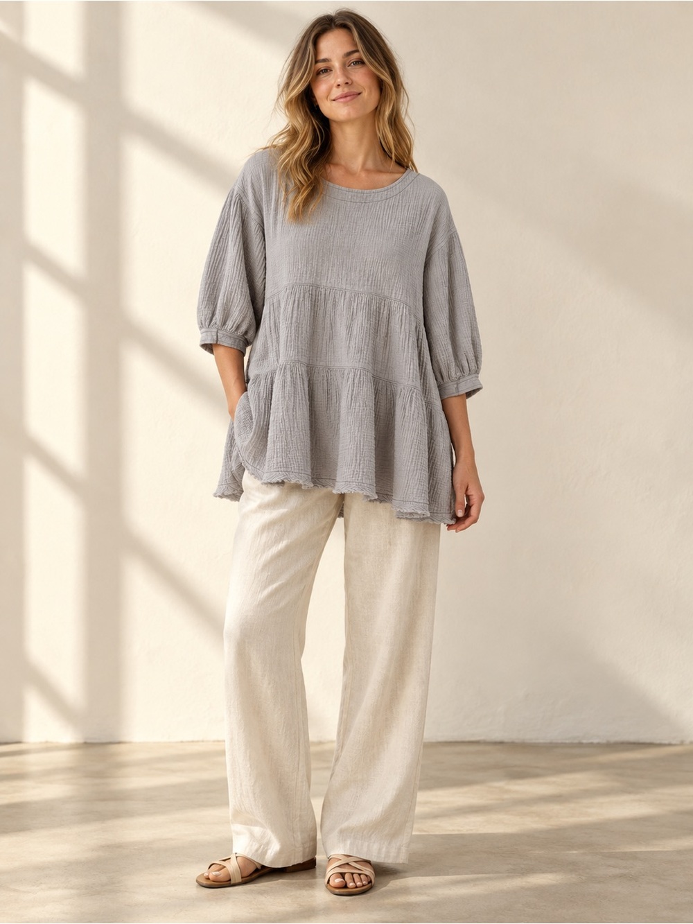 By Together Blue Gray Gauze Tiered Babydoll Blouse Size S
